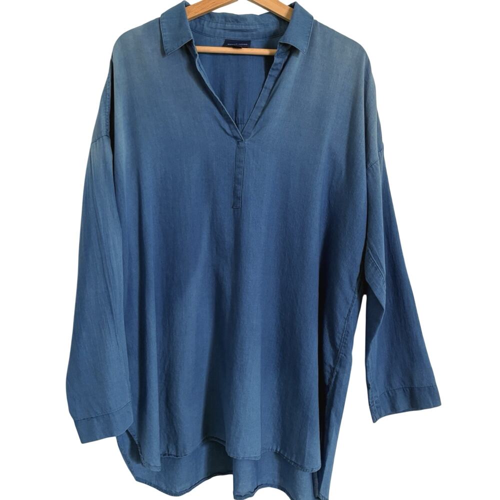 J Jill PureJill Indigo Chambray Popover Oversized Tunic 100% Cotton V-neck L
